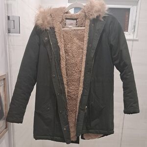 LOFT Olive Green Faux Fur Trim Coat
